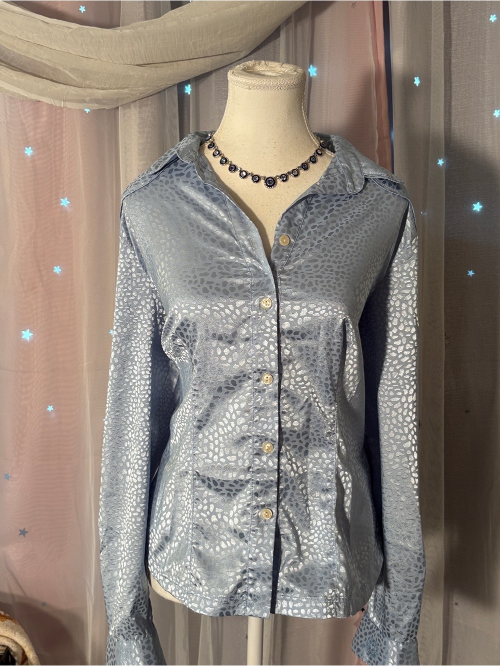 Light Blue Satin Animal-Texture Button-Front Blouse